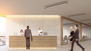 recepcion de oficina con personas en movimiento