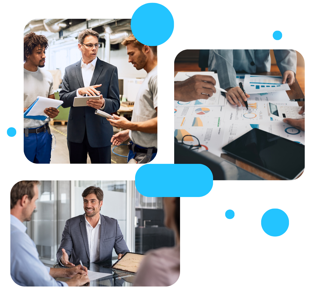 3 imagenes con trabajadores, graficas y conversando con clientes